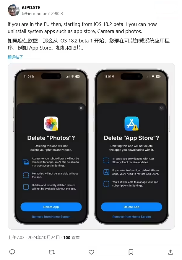 柞水苹果手机维修分享iOS 18.2 支持删除 App Store 应用商店 