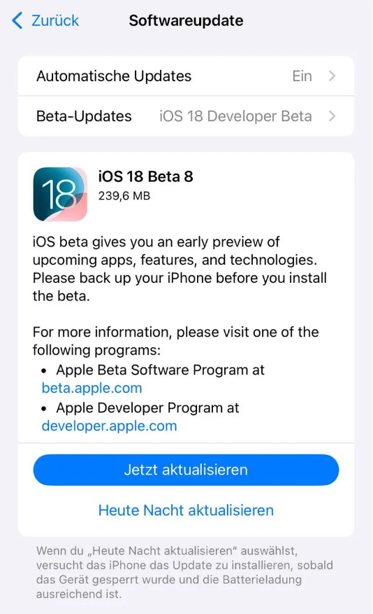 柞水苹果手机维修分享苹果 iOS / iPadOS 18 开发者预览版 Beta 8 发布 